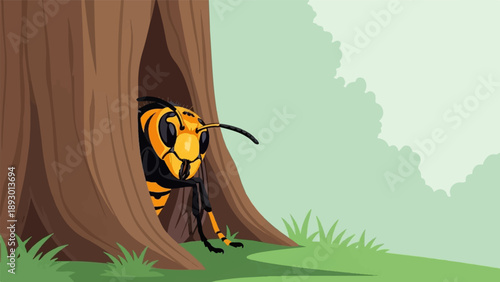A large wasp emerges from a hollow tree trunk in a grassy field