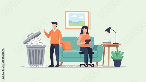 A man discards shredded paper into a bin near a woman on a couch