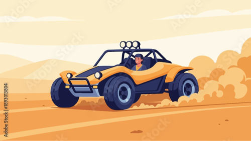 A man drives an orange buggy through the desert, kicking up dust