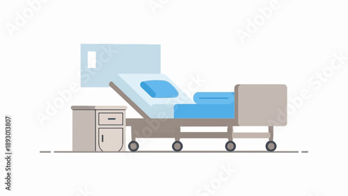 A hospital bed with a nightstand and headboard, depicted in a flat illustration style