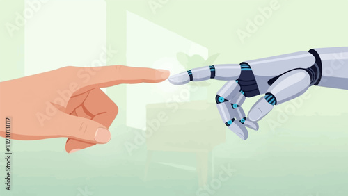 A human finger and a robotic hand meet, symbolizing connection and future