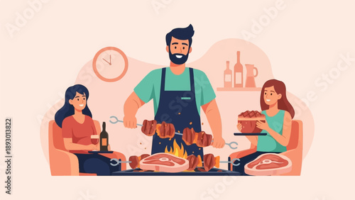 A man grills meat as two women watch and enjoy drinks and food at a gathering