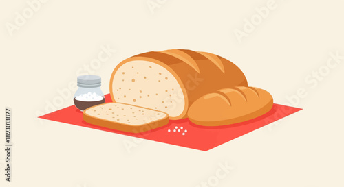 A loaf of bread and slices on a red surface with salt