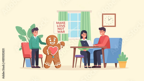 A man holds a gingerbread man with a heart sign and a peace message