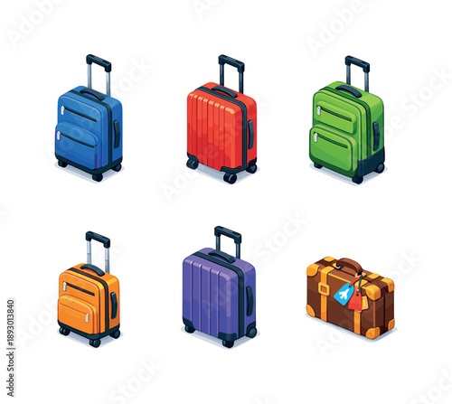 Colorful Suitcase Icons. Suitcase luggage. Isometric flat vector icons set of Suitcase luggage: rolling suitcase with handle, hard shell travel suitcase, soft
