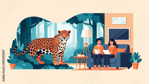 A jaguar stands in a forest, while a couple relaxes indoors on a couch
