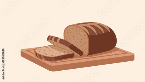 A loaf of rustic bread, sliced on a wooden cutting board