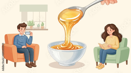 A man holds phone, a spoon of honey pours, a woman reads