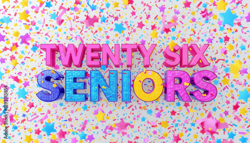 Colorful confetti background with twenty six seniors text in bold font for graduation or celebration theme