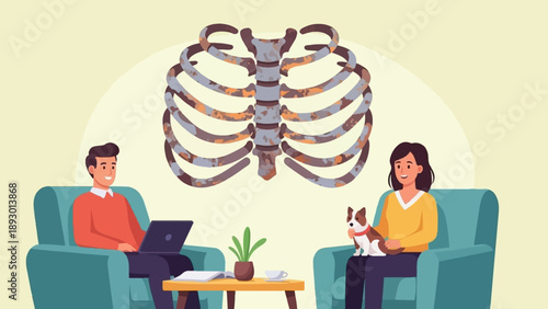 A man on a laptop, a woman with a dog, and a rib cage illustration