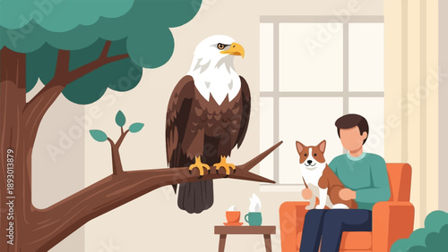 A man in an armchair holds a dog, while a majestic eagle perches nearby