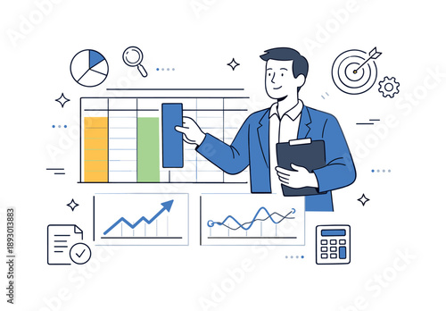 Confident Data Analysis. Financial or business data analysis. A character organizing spreadsheet columns and checking simple line charts, steady and confident