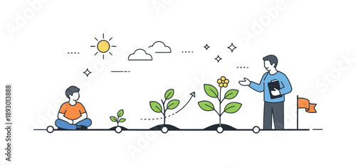 Growth Coaching Illustration. Coaching philosophy long-term growth. A conceptual scene of a small plant growing along a timeline with a person and coach