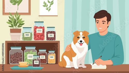 A man pets his dog while writing in a notebook next to jars of dried goods