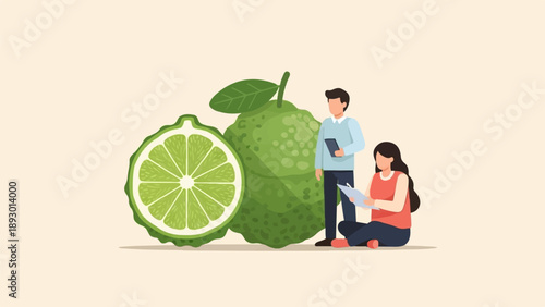 A man with a tablet and a woman with a clipboard near a lime