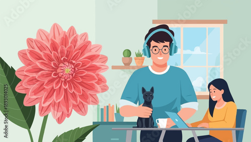 A man with headphones and glasses holds a dog while a woman works on a laptop