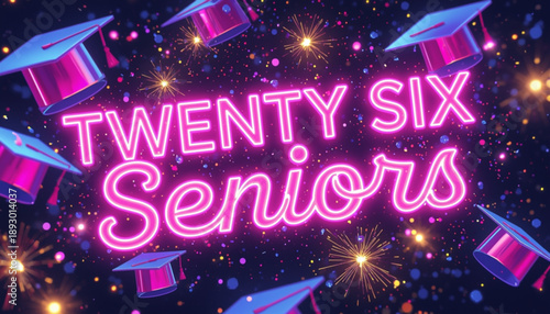 Vibrant neon sign with graduation caps and stars on dark background for twenty six seniors celebration