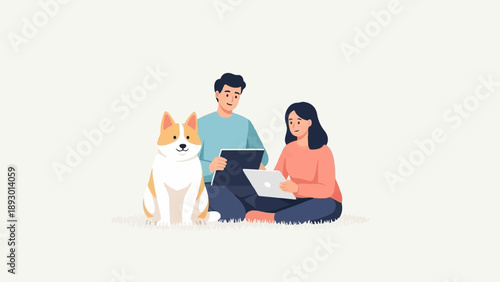 A man, woman, and dog sit together on a rug, using tablets