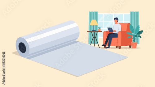 A man works on his laptop in an armchair next to a large roll of paper