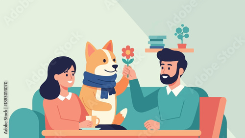 A man, woman, and dog share a flower on a couch