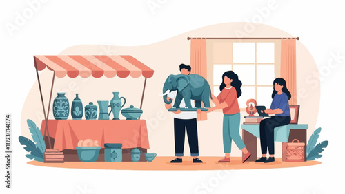 A market stall displays pottery; a couple inspects an elephant statue