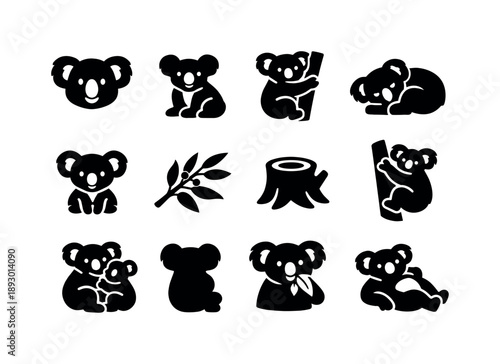 Koala Icon Collection. Koala. Solid icon set of Koala: koala face, koala sitting, koala on tree, sleeping koala, baby koala, eucalyptus branch, tree trunk,