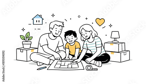 Family's New Journey. New home lifestyle scene. Family sitting on the floor among boxes, smiling and planning their new space together. Warm emotions and
