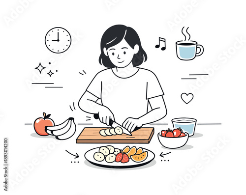 Morning Fruit Preparation. Morning snack routine. Quickly slicing fruit and arranging a simple plate before work, focused and stress-free mood. Clean kitchen