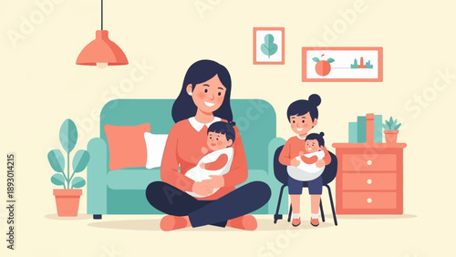 A mother and daughter share a loving moment with babies in a cozy living room