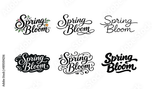 Spring Bloom Lettering. Botanical spring bloom lettering. Set lettering. harmonious lettering variations of the same emblematic concept, each with different