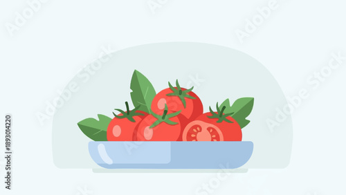 A minimalist illustration of a bowl filled with fresh red tomatoes and green leaves