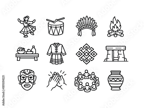Traditional Event Icons. Traditional Events. Line icon set of Traditional Events: folk dancer, ceremonial drum, cultural headdress, ritual fire, offering