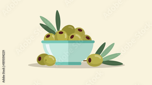 A minimalist illustration of a teal bowl filled with green olives, with branches