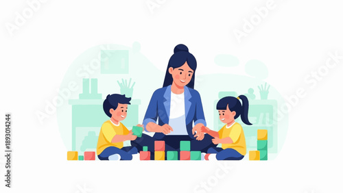 A mother teaches two children to build with colorful blocks on the floor