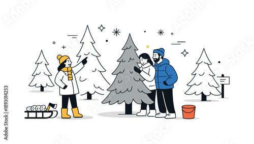 Choosing Christmas Tree. Choosing a Christmas tree. People walking among trees and selecting the perfect one together. Cozy holiday preparation and gentle