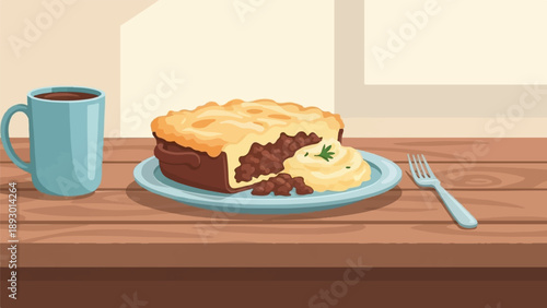 A mug of dark liquid sits beside a savory pie with mashed potatoes and a fork