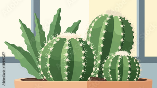 A minimalist illustration of various green cacti in a terracotta pot on a windowsill
