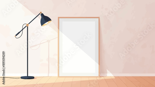 A minimalist interior scene with a floor lamp and an empty frame on a light-colored wall