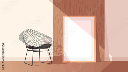 A minimalist interior scene with a modern wire chair and a framed artwork