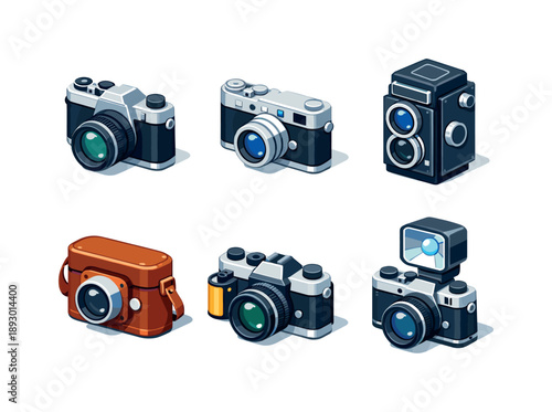 Retro Cameras Grid. Retro camera. Isometric flat vector icons set of retro camera: vintage film camera, classic rangefinder, retro twin-lens reflex, leather