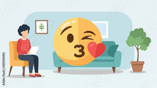 A person sits on a chair holding a tablet, facing a large emoji on a couch