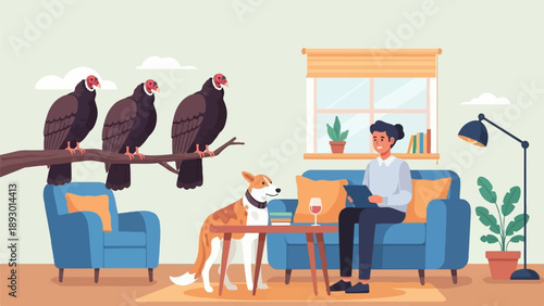A person relaxes with their dog while birds perch ominously nearby