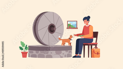 A person sits on a chair next to a large millstone, feeding a small dog