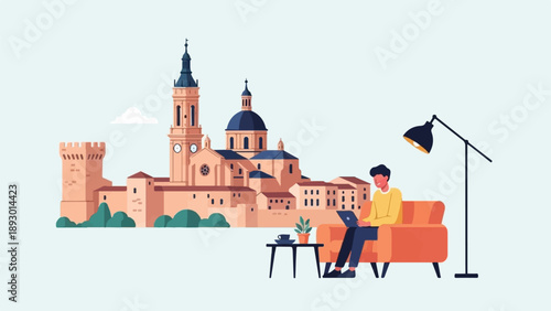 A person sits on a couch with a laptop, a lamp, and a coffee table, with a town in the background