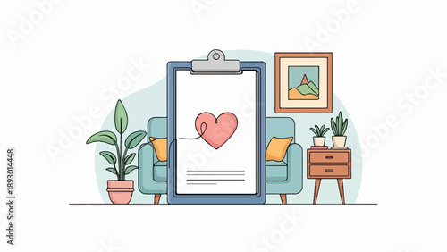 A pastel colored living room scene with a clipboard displaying a heart and a simple landscape painting