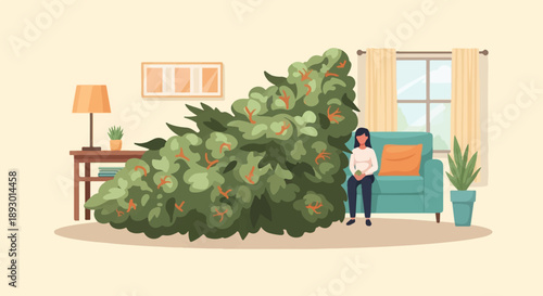 A person sits on a sofa next to a giant marijuana plant indoors