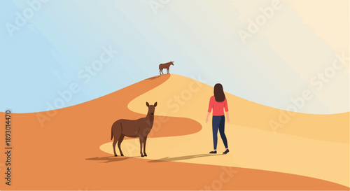 A person stands in a desert landscape with two deer on sand dunes under a clear sky