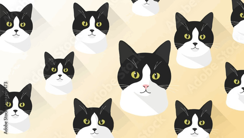 A pattern of black and white cat faces with yellow eyes on a soft yellow background