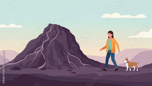 A person walks their dog near a large purple mountain under a pastel sky