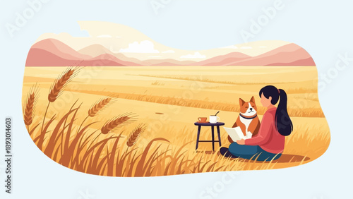 A person and dog enjoy reading and coffee in a wheat field